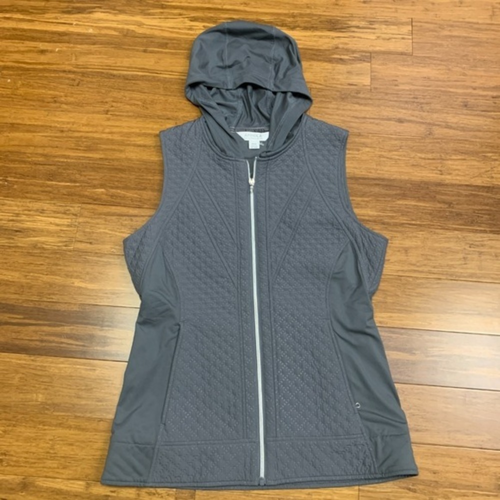 Annika Cutter & Buck Quilted‎ Vest Medium Gray Hooded Full Zip Sleeveless Jacket